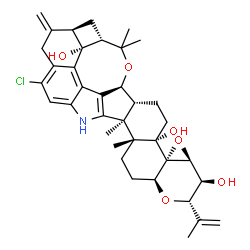 ChemSpider 2D Image | (2S,3S,3aS,4aS,4bS,6aR,7S,7dR,8S,9aR,14bS,14cR,16aS)-12-Chloro-2-isopropenyl-14b,14c,17,17-tetramethyl-10-methylene-3,3a,6,6a,7,8,9,9a,10,11,14,14b,14c,15,16,16a-hexadecahydro-2H,4bH-7,8-(epoxymethano
)cyclobuta[5,6]benzo[1,2-e]oxireno[4',4a']chromeno[5',6':6,7]indeno[1,2-b]indole-3,4b,7d(5H)-triol | C37H44ClNO6