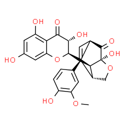 ChemSpider 2D Image | (1R,3S,6R,7S,10R)-3-Hydroxy-10-(4-hydroxy-3-methoxyphenyl)-8-[(2R,3R)-3,5,7-trihydroxy-4-oxo-3,4-dihydro-2H-chromen-2-yl]-4-oxatricyclo[4.3.1.0~3,7~]dec-8-en-2-one | C25H22O10