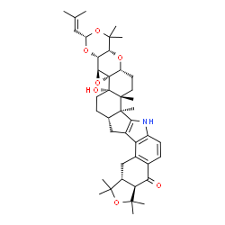 ChemSpider 2D Image | (3S,4aR,4bS,5aS,5bS,7aS,9aR,12aR,16bS,16cR,18aR,19aR)-5b-Hydroxy-1,1,10,10,12,12,16b,16c-octamethyl-3-(2-methyl-1-propen-1-yl)-1,4a,4b,6,7,7a,9,9a,10,12,12a,16,16b,16c,17,18,18a,19a-octadecahydro-5bH-
[2]benzofuro[5,6-e][1,3]dioxino[5'',4'':2',3']oxireno[4',4a']chromeno[5',6':6,7]indeno[1,2-b]indol-13(8H)-one | C42H55NO7