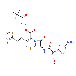 ChemSpider 2D Image | [(2,2-Dimethylpropanoyl)oxy]methyl (7R)-7-{[(2-amino-1,3-thiazol-4-yl)(methoxyimino)acetyl]amino}-3-[2-(4-methyl-1,3-thiazol-5-yl)vinyl]-8-oxo-5-thia-1-azabicyclo[4.2.0]oct-2-ene-2-carboxylate | C25H28N6O7S3