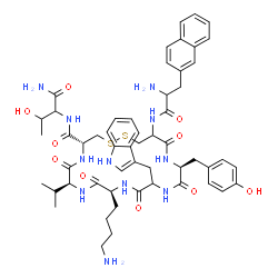ChemSpider 2D Image | (4R,7S,10S,16S)-10-(4-Aminobutyl)-N-(1-amino-3-hydroxy-1-oxo-2-butanyl)-16-(4-hydroxybenzyl)-13-(1H-indol-3-ylmethyl)-7-isopropyl-19-{[3-(2-naphthyl)alanyl]amino}-6,9,12,15,18-pentaoxo-1,2-dithia-5,8,
11,14,17-pentaazacycloicosane-4-carboxamide | C54H69N11O10S2