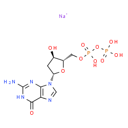 ChemSpider 2D Image | 6H-Purin-6-one, 2-amino-9-[2-deoxy-5-O-[hydroxy(phosphonooxy)phosphinyl]-beta-L-erythro-pentofuranosyl]-1,9-dihydro-, sodium salt (1:1) | C10H15N5NaO10P2