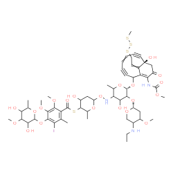 ChemSpider 2D Image | S-[6-({[(6S)-5-{[(2R)-5-(Ethylamino)-4-methoxytetrahydro-2H-pyran-2-yl]oxy}-4-hydroxy-6-{[(9R)-9-hydroxy-12-[(methoxycarbonyl)amino]-13-[2-(methyltrisulfanyl)ethylidene]-11-oxobicyclo[7.3.1]trideca-1(
12),5-diene-3,7-diyn-2-yl]oxy}-2-methyltetrahydro-2H-pyran-3-yl]amino}oxy)-4-hydroxy-2-methyltetrahydro-2H-pyran-3-yl] 4-[(3,5-dihydroxy-4-methoxy-6-methyltetrahydro-2H-pyran-2-yl)oxy]-3-iodo-5,6-dime
thoxy-2-methylbenzenecarbothioate (non-preferred name) | C55H74IN3O21S4