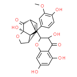 ChemSpider 2D Image | (1R,3R,6S,7R)-3-Hydroxy-10-(4-hydroxy-3-methoxyphenyl)-8-(3,5,7-trihydroxy-4-oxo-3,4-dihydro-2H-chromen-2-yl)-4-oxatricyclo[4.3.1.0~3,7~]dec-8-en-2-one | C25H22O10