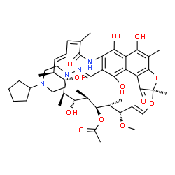 ChemSpider 2D Image | (7R,9E,11S,12R,13S,14R,15R,16S,17S,18S,19E,21Z)-26-{(E)-[(4-Cyclopentyl-1-piperazinyl)imino]methyl}-2,15,17,27,29-pentahydroxy-11-methoxy-3,7,12,14,16,18,22-heptamethyl-6,23-dioxo-8,30-dioxa-24-azatet
racyclo[23.3.1.1~4,7~.0~5,28~]triaconta-1(29),2,4,9,19,21,25,27-octaen-13-yl acetate | C47H64N4O12
