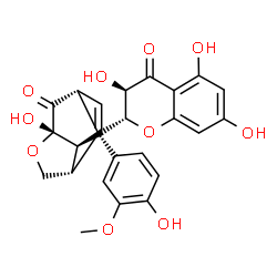 ChemSpider 2D Image | (1R,3S,6S,7R,10R)-3-Hydroxy-10-(4-hydroxy-3-methoxyphenyl)-8-[(2R,3R)-3,5,7-trihydroxy-4-oxo-3,4-dihydro-2H-chromen-2-yl]-4-oxatricyclo[4.3.1.0~3,7~]dec-8-en-2-one | C25H22O10