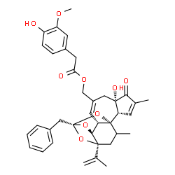 ChemSpider 2D Image | [(1R,2S,6S,10S,11S,13S,15S)-13-Benzyl-6-hydroxy-15-isopropenyl-4,17-dimethyl-5-oxo-12,14,18-trioxapentacyclo[11.4.1.0~1,10~.0~2,6~.0~11,15~]octadeca-3,8-dien-8-yl]methyl (4-hydroxy-3-methoxyphenyl)ace
tate | C37H40O9
