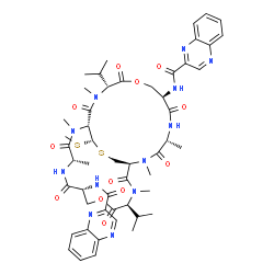ChemSpider 2D Image | N,N'-[(1R,4S,7R,11S,14S,17R,20R,24R,27S)-11,24-Diisopropyl-2,4,12,15,17,25-hexamethyl-27-(methylsulfanyl)-3,6,10,13,16,19,23,26-octaoxo-9,22-dioxa-28-thia-2,5,12,15,18,25-hexaazabicyclo[12.12.3]nonaco
sane-7,20-diyl]di(2-quinoxalinecarboxamide) | C51H64N12O12S2