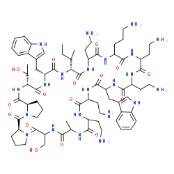 ChemSpider 2D Image | (5aS,38R,41R,44R,46aR)-17,20,26,29,35-Pentakis(2-aminoethyl)-32-(3-aminopropyl)-38-[(2R)-2-butanyl]-44-[(1S)-1-hydroxyethyl]-11-(hydroxymethyl)-23,41-bis(1H-indol-3-ylmethyl)-14-methyltriacontahydro-1
H,5H-dipyrrolo[1,2-a:1',2'-d][1,4,7,10,13,16,19,22,25,28,31,34,37,40]tetradecaazacyclodotetracontine-5,10,13,16,19,22,25,28,31,34,37,40,43,46(46aH)-tetradecone | C73H112N22O16