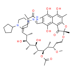 ChemSpider 2D Image | (7S,11S,12R,13S,14R,15R,16R,17S,18S,19Z,21E)-26-{(E)-[(4-Cyclopentyl-1-piperazinyl)imino]methyl}-2,15,17,27,29-pentahydroxy-11-methoxy-3,7,12,14,16,18,22-heptamethyl-6,23-dioxo-8,30-dioxa-24-azatetrac
yclo[23.3.1.1~4,7~.0~5,28~]triaconta-1(29),2,4,9,19,21,25,27-octaen-13-yl acetate | C47H64N4O12