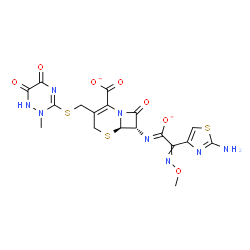 ChemSpider 2D Image | (6R,7S)-7-{(Z)-[2-(2-Amino-1,3-thiazol-4-yl)-2-(methoxyimino)-1-oxidanidylethylidene]amino}-3-{[(2-methyl-5,6-dioxo-1,2,5,6-tetrahydro-1,2,4-triazin-3-yl)sulfanyl]methyl}-8-oxo-5-thia-1-azabicyclo[4.2
.0]oct-2-ene-2-carboxylate | C18H16N8O7S3