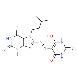 ChemSpider 2D Image | 8-[(E)-(6-Hydroxy-2,4-dioxo-1,2,3,4-tetrahydro-5-pyrimidinyl)diazenyl]-3-methyl-7-(3-methylbutyl)-3,7-dihydro-1H-purine-2,6-dione | C15H18N8O5