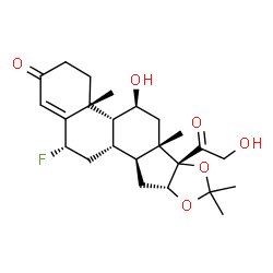 ChemSpider 2D Image | (4aR,4bR,5S,6aS,6bS,9aR,10aS,10bS,12S)-12-Fluoro-6b-glycoloyl-5-hydroxy-4a,6a,8,8-tetramethyl-3,4,4a,4b,5,6,6a,6b,9a,10,10a,10b,11,12-tetradecahydro-2H-naphtho[2',1':4,5]indeno[1,2-d][1,3]dioxol-2-one | C24H33FO6