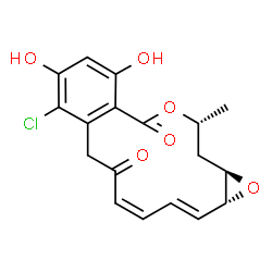 ChemSpider 2D Image | (1aR,2E,4Z,14R,15aR)-8-Chloro-9,11-dihydroxy-14-methyl-1a,14,15,15a-tetrahydro-6H-oxireno[e][2]benzoxacyclotetradecine-6,12(7H)-dione | C18H17ClO6