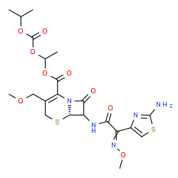 ChemSpider 2D Image | 1-[(Isopropoxycarbonyl)oxy]ethyl (6S)-7-{[(2-amino-1,3-thiazol-4-yl)(methoxyimino)acetyl]amino}-3-(methoxymethyl)-8-oxo-5-thia-1-azabicyclo[4.2.0]oct-2-ene-2-carboxylate | C21H27N5O9S2