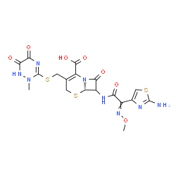 ChemSpider 2D Image | (6S)-7-{[(2-Amino-1,3-thiazol-4-yl)(methoxyimino)acetyl]amino}-3-{[(2-methyl-5,6-dioxo-1,2,5,6-tetrahydro-1,2,4-triazin-3-yl)sulfanyl]methyl}-8-oxo-5-thia-1-azabicyclo[4.2.0]oct-2-ene-2-carboxylic aci
d | C18H18N8O7S3