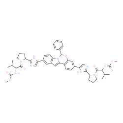 ChemSpider 2D Image | Methyl {1-[2-(5-{10-[2-(1-{2-[(methoxycarbonyl)amino]-3-methylbutanoyl}-2-pyrrolidinyl)-1H-imidazol-5-yl]-6-phenylindolo[1,2-c][1,3]benzoxazin-3-yl}-1H-imidazol-2-yl)-1-pyrrolidinyl]-3-methyl-1-oxo-2-
butanyl}carbamate | C49H55N9O7