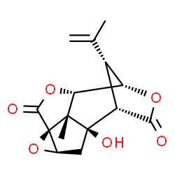 ChemSpider 2D Image | (1R,3R,5S,8S,9S,12S,13R,14R)-1-Hydroxy-14-isopropenyl-13-methyl-4,7,10-trioxapentacyclo[6.4.1.1~9,12~.0~3,5~.0~5,13~]tetradecane-6,11-dione | C15H16O6