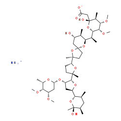 ChemSpider 2D Image | Ammonium [(2R,3S,4S,5S,6S)-6-{(1S)-1-[(2S,5R,7S,8R,9S)-2-{(2S,2'R,3'S,5R,5'R)-3'-{[(2R,4S,5R,6S)-4,5-dimethoxy-6-methyltetrahydro-2H-pyran-2-yl]oxy}-5'-[(2S,3S,5R,6S)-6-hydroxy-3,5,6-trimethyltetrahyd
ro-2H-pyran-2-yl]-2-methyloctahydro-2,2'-bifuran-5-yl}-9-hydroxy-2,8-dimethyl-1,6-dioxaspiro[4.5]dec-7-yl]ethyl}-2-hydroxy-4,5-dimethoxy-3-methyltetrahydro-2H-pyran-2-yl]acetate (non-preferred name) | C47H83NO17