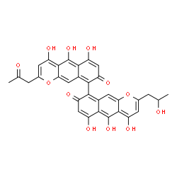 ChemSpider 2D Image | 4,4',5,5',6,6'-Hexahydroxy-2-(2-hydroxypropyl)-2'-(2-oxopropyl)-8H,8'H-9,9'-bibenzo[g]chromene-8,8'-dione | C32H24O12