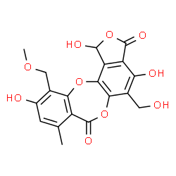 ChemSpider 2D Image | 1,4,10-Trihydroxy-5-(hydroxymethyl)-11-(methoxymethyl)-8-methyl-7H-2,6,12-trioxabenzo[5,6]cyclohepta[1,2-e]indene-3,7(1H)-dione | C19H16O10