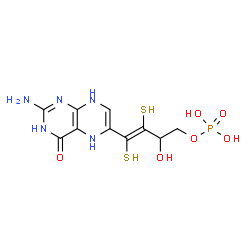 ChemSpider 2D Image | (3E)-4-(2-Amino-4-oxo-3,4,5,8-tetrahydro-6-pteridinyl)-2-hydroxy-3,4-disulfanyl-3-buten-1-yl dihydrogen phosphate | C10H14N5O6PS2