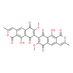 ChemSpider 2D Image | 10,10'-Dihydroxy-7,7'-dimethoxy-3,3'-dimethyl-1H,1'H-8,8'-bibenzo[g]isochromene-1,1',6,6',9,9'-hexone | C30H18O12