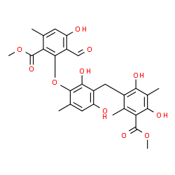 ChemSpider 2D Image | Methyl 3-{3-[2-formyl-3-hydroxy-6-(methoxycarbonyl)-5-methylphenoxy]-2,6-dihydroxy-4-methylbenzyl}-4,6-dihydroxy-2,5-dimethylbenzoate | C28H28O11