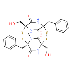 ChemSpider 2D Image | (1R,4R,7R)-4,10-Dibenzyl-1,7-bis(hydroxymethyl)-5-methyl-2,3,8,9-tetrathia-5,11,13,15-tetraazatricyclo[8.2.2.2~4,7~]hexadecane-6,12,14,16-tetrone | C25H26N4O6S4