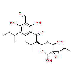 ChemSpider 2D Image | 3-sec-Butyl-5-{(2S)-2-[(2S,3S,4R,6R,8R)-2-ethyl-4,8-dihydroxy-1,5-dioxaspiro[2.5]oct-6-yl]-3-methylbutanoyl}-2,6-dihydroxybenzaldehyde | C24H34O8