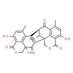 ChemSpider 2D Image | (1S,14R)-4,9,19,24-Tetrahydroxy-11,17-dimethyl-6,22-dioxaheptacyclo[12.9.1.1~1,16~.1~4,8~.0~2,13~.0~12,26~.0~20,25~]hexacosa-2(13),8(26),9,11,16(25),17,19-heptaene-3,7,15,21-tetrone | C26H18O10