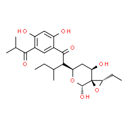 ChemSpider 2D Image | (2S)-1-(2,4-Dihydroxy-5-isobutyrylphenyl)-2-[(2S,3S,4R,6R,8R)-2-ethyl-4,8-dihydroxy-1,5-dioxaspiro[2.5]oct-6-yl]-3-methyl-1-pentanone | C24H34O8