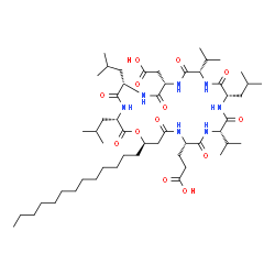 ChemSpider 2D Image | 3-[(3S,6S,9S,12S,15S,18S,21S,25R)-9-(Carboxymethyl)-3,6,15-triisobutyl-12,18-diisopropyl-2,5,8,11,14,17,20,23-octaoxo-25-tridecyl-1-oxa-4,7,10,13,16,19,22-heptaazacyclopentacosan-21-yl]propanoic acid | C53H93N7O13