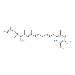ChemSpider 2D Image | 4,5-Anhydro-5-[(2E)-2-buten-2-yl]-1,2-dideoxy-2-[(1E,3E,6E)-8-(5,6-dimethoxy-3-methyl-4-oxo-1,4-dihydro-2-pyridinyl)-2,6-dimethyl-1,3,6-octatrien-1-yl]-4-methyl-D-xylitol | C28H41NO5