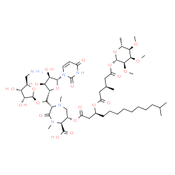 ChemSpider 2D Image | (2S,5S,6S)-2-{(R)-{[(2S,3R,4S,5R)-5-(Aminomethyl)-3,4-dihydroxytetrahydro-2-furanyl]oxy}[(2S,3S,4R,5R)-5-(2,4-dioxo-3,4-dihydro-1(2H)-pyrimidinyl)-3,4-dihydroxytetrahydro-2-furanyl]methyl}-1,4-dimethy
l-6-{[(3S)-12-methyl-3-{[(3S)-3-methyl-5-oxo-5-{[(2S,3R,4R,5R,6R)-3,4,5-trimethoxy-6-methyltetrahydro-2H-pyran-2-yl]oxy}pentanoyl]oxy}tridecanoyl]oxy}-3-oxo-1,4-diazepane-5-carboxylic acid (non-prefer
red name) | C51H83N5O22