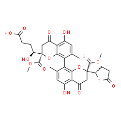 ChemSpider 2D Image | (4S)-4-{(2R,2'R)-5,5'-Dihydroxy-2,2'-bis(methoxycarbonyl)-7,7'-dimethyl-4,4'-dioxo-2'-[(2S)-5-oxotetrahydro-2-furanyl]-3,3',4,4'-tetrahydro-2H,2'H-8,8'-bichromen-2-yl}-4-hydroxybutanoic acid | C32H32O15