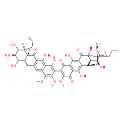 ChemSpider 2D Image | (5S,6R,7S,8S,9S)-15-[(6aR,7S,8R,9S,10S,10aS)-1,7,8,9,10,10a,12-Heptahydroxy-3,4-dimethoxy-11-oxo-10-propyl-6,6a,7,8,9,10,10a,11-octahydro-2-tetracenyl]-5,6,7,9,12,19-hexahydroxy-16-methoxy-4-propyl-3-
oxapentacyclo[9.8.0.0~2,8~.0~4,9~.0~13,18~]nonadeca-1(11),12,15,18-tetraene-10,14,17-trione | C45H48O21