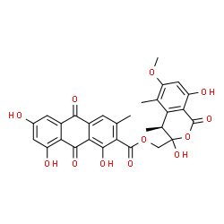 ChemSpider 2D Image | [(4S)-3,8-Dihydroxy-6-methoxy-4,5-dimethyl-1-oxo-3,4-dihydro-1H-isochromen-3-yl]methyl 1,6,8-trihydroxy-3-methyl-9,10-dioxo-9,10-dihydro-2-anthracenecarboxylate | C29H24O12