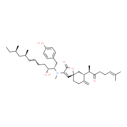 ChemSpider 2D Image | (5S,7R)-3-{[(2S,3R,6E,8R,10R)-3-Hydroxy-1-(4-hydroxyphenyl)-8,10-dimethyl-6-dodecen-2-yl](methyl)amino}-8-methylene-7-[(2R)-7-methyl-3-oxo-6-octen-2-yl]-1-oxaspiro[4.5]dec-3-en-2-one | C40H59NO5