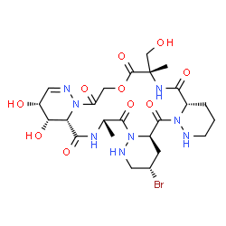 ChemSpider 2D Image | (3S,4aR,10aS,13S,21R,22S,22aS,25S)-3-Bromo-21,22-dihydroxy-13-(hydroxymethyl)-13,25-dimethyl-2,3,4,4a,8,9,10,10a,12,13,22,22a,24,25-tetradecahydro-7H,21H-tripyridazino[1,6-d:1',6'-j:1'',6''-m][1,4,7,1
0,13,16]oxapentaazacyclooctadecine-5,11,14,17,23,26(1H,16H)-hexone | C24H35BrN8O10
