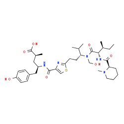 ChemSpider 2D Image | (2S,4R)-4-{[(2-{(3R)-3-[(Hydroxymethyl)(N-{[(2R)-1-methyl-2-piperidinyl]carbonyl}-L-isoleucyl)amino]-4-methylpentyl}-1,3-thiazol-4-yl)carbonyl]amino}-5-(4-hydroxyphenyl)-2-methylpentanoic acid | C36H55N5O7S
