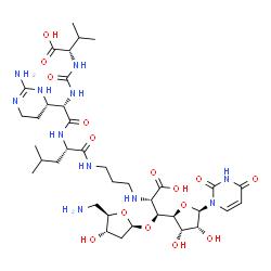 ChemSpider 2D Image | N-({(1S)-2-{[(2S)-1-{[3-({(1S,2S)-2-[(5-Amino-2,5-dideoxy-beta-D-erythro-pentofuranosyl)oxy]-1-carboxy-2-[(2S,3S,4R,5R)-5-(2,4-dioxo-3,4-dihydro-1(2H)-pyrimidinyl)-3,4-dihydroxytetrahydro-2-furanyl]et
hyl}amino)propyl]amino}-4-methyl-1-oxo-2-pentanyl]amino}-1-[(4S)-2-amino-3,4,5,6-tetrahydro-4-pyrimidinyl]-2-oxoethyl}carbamoyl)-L-valine | C37H61N11O15