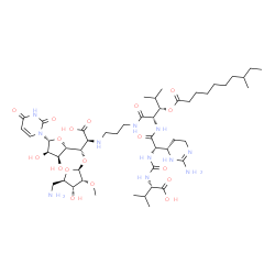 ChemSpider 2D Image | (2S,6S,9S,16S)-16-{(S)-{[(2S,3R,4R,5R)-5-(Aminomethyl)-4-hydroxy-3-methoxytetrahydro-2-furanyl]oxy}[(2S,3S,4R,5R)-5-(2,4-dioxo-3,4-dihydro-1(2H)-pyrimidinyl)-3,4-dihydroxytetrahydro-2-furanyl]methyl}-
6-[(4S)-2-amino-3,4,5,6-tetrahydro-4-pyrimidinyl]-2-isopropyl-9-{(1S)-2-methyl-1-[(8-methyldecanoyl)oxy]propyl}-4,7,10-trioxo-3,5,8,11,15-pentaazaheptadecane-1,17-dioic acid (non-preferred name) | C49H83N11O18