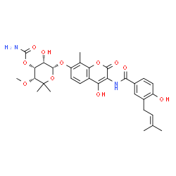 ChemSpider 2D Image | (3R,4R,5S,6R)-5-Hydroxy-6-[(4-hydroxy-3-{[4-hydroxy-3-(3-methyl-2-buten-1-yl)benzoyl]amino}-8-methyl-2-oxo-2H-chromen-7-yl)oxy]-3-methoxy-2,2-dimethyltetrahydro-2H-pyran-4-yl carbamate (non-preferred 
name) | C31H36N2O11