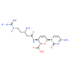 ChemSpider 2D Image | 4-Amino-1-(4-{[(3S)-3-amino-5-(N-methylcarbamimidamido)pentanoyl]amino}-2,3,4-trideoxy-alpha-D-erythro-hex-2-enopyranuronosyl)-2(1H)-pyrimidinone | C17H26N8O5