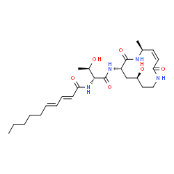 ChemSpider 2D Image | (2E,4E)-N-[(2R,3R)-3-Hydroxy-1-{[(3Z,5S,8S,10S)-10-hydroxy-5-methyl-2,7-dioxo-1,6-diazacyclododec-3-en-8-yl]amino}-1-oxo-2-butanyl]-2,4-decadienamide | C25H40N4O6