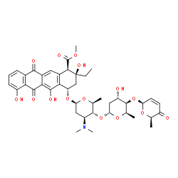 ChemSpider 2D Image | Methyl (1R,2S,4S)-2-ethyl-2,5,7-trihydroxy-6,11-dioxo-4-{[2,3,6-trideoxy-4-O-{2,6-dideoxy-4-O-[(2R,6R)-6-methyl-5-oxo-5,6-dihydro-2H-pyran-2-yl]-alpha-D-xylo-hexopyranosyl}-3-(dimethylamino)-beta-L-ar
abino-hexopyranosyl]oxy}-1,2,3,4,6,11-hexahydro-1-tetracenecarboxylate | C42H51NO15