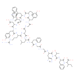 ChemSpider 2D Image | N-{[15-(3-Carbamimidamidopropyl)-9-(carboxymethyl)-12,25-bis(4-hydroxybenzyl)-3,6-bis(1H-indol-3-ylmethyl)-1,4,7,10,13,16,20,23,26-nonaoxotriacontahydropyrrolo[1,2-g][1,4,7,10,13,16,19,22,25]nonaazacy
clooctacosin-18-yl]carbonyl}leucylphenylalanylglycylglycylhistidylthreonylphenylalanylisoleucine | C105H130N24O24