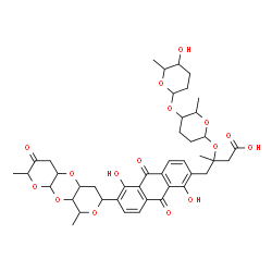 ChemSpider 2D Image | 4-[6-(2,9-Dimethyl-3-oxooctahydro-2H,5aH-dipyrano[2,3-b:4',3'-e][1,4]dioxin-7-yl)-1,5-dihydroxy-9,10-dioxo-9,10-dihydro-2-anthracenyl]-3-({5-[(5-hydroxy-6-methyltetrahydro-2H-pyran-2-yl)oxy]-6-methylt
etrahydro-2H-pyran-2-yl}oxy)-3-methylbutanoic acid (non-preferred name) | C43H52O16