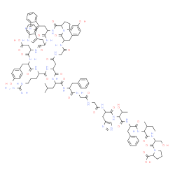 ChemSpider 2D Image | N-{[15-(3-Carbamimidamidopropyl)-9-(carboxymethyl)-12,25-bis(4-hydroxybenzyl)-3,6-bis(1H-indol-3-ylmethyl)-1,4,7,10,13,16,20,23,26-nonaoxotriacontahydropyrrolo[1,2-g][1,4,7,10,13,16,19,22,25]nonaazacy
clooctacosin-18-yl]carbonyl}leucylphenylalanylglycylglycylhistidylthreonylphenylalanylisoleucylserylproline | C113H142N26O27